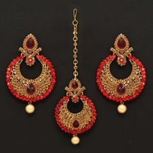 Red Color Rhinestone AND Imitation Pearl Maang Tikka With Earring