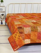 Silk patchwork multi kantha coverlet quilt bed cover