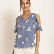 Cold Half Flare Sleeve Smoking Floral Printed Top