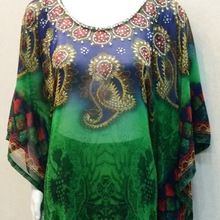 GREEN DESIGNS PRINT SHORT LONG EMBELLISHED DRESS KAFTAN