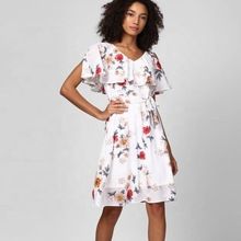 Half Sleeve Floral Print Skater White Dress