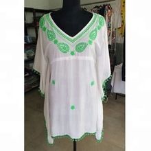Rayon Beachwear Embroidery Kaftan Women Short Dress