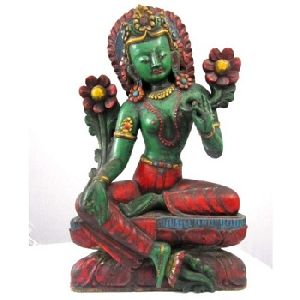 Hand Carved Wooden Tibetan Buddhist Green Tara Statue
