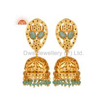 Designer Silver Gold Plated Jhumka Emerald Natural Diamond Earring
