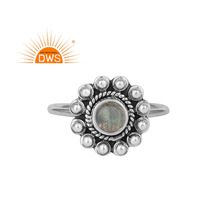 Oxidized Gemstone Flower Design Sterling Silver Ring
