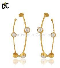 Pearl Gemstone Brass Hoop Earring