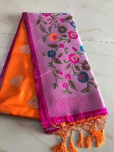 Banarasi jute sarees with all over silver buta and paithani style 15 inches big border