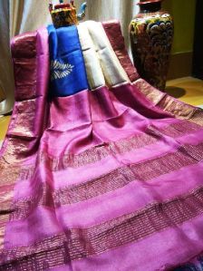 Block Printed Zari Border Tussar Silk Saree