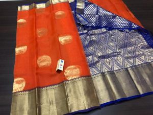 HANDLOOM PURE KORA SILK SAREES WITH RICH PALLU N CONTRAST BROCADE BLOUSE