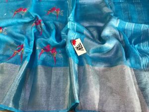 Linen sarees with silver zari 8 inches border