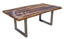 Antique Live Edge Wooden Blocked Legs Dining Table