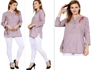 Cotton Light Purple Embroidered Long Tops