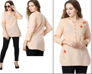 Cotton Peach Embroidered Long Tops