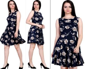 Poly Crepe Navy Blue Printed Dress