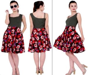 Poly Crepe Olive Green & Red Printed Dress