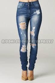 Ladies Ripped Dark Blue Denim Jeans