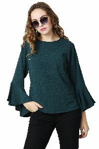 Imborn Jeans Olive Green Crepe top with Flute Sleeves