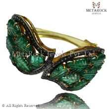 Diamond Pave Emerald Gemstone Carving Bangle