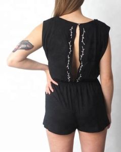 embroidered open back Black romper jumpsuit