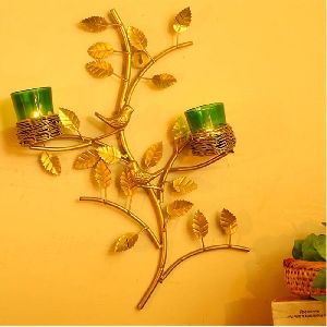 Golden Tree with Bird Nest Green Votive Stand