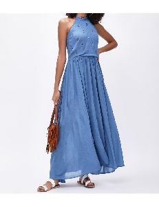 Blue halter neck embroidered maxi dress