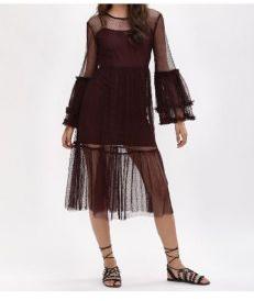 Long frill sleeve mesh dress