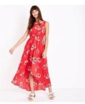 Red floral dip hem maxi dress