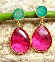 Green Druzy and Hot Pink gemstone earrings