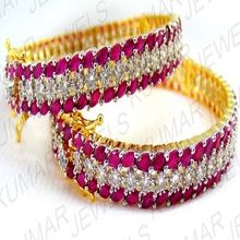 Gold Plated Diamond Style Cubic Zircons Ruby Side Lock Bangles Set