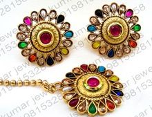 Stone Polki Beaded Round Gold Plated Ethnic Wear Tikka Earrings Set