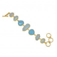 Aqua chalcedony gemstone gold plated link chain handmade bracelet