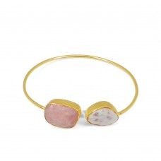 Rhodochrosite AND Cinnabar Gold Plated Adjustable Bezel Set Bangle