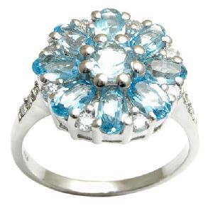 Cushion Cut Blue Topaz Split Shank CZ Silver Ring