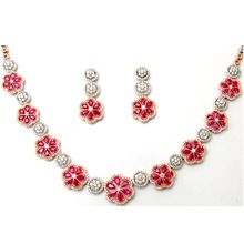 Floral Ruby and Cluster Diamond Necklace Earrings Set