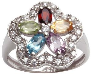 Multi Colour Stone Floral Wavy CZ Halo Silver Ring