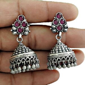 Antique Look 925 Oxidized Sterling Silver Ruby Gemstone Earring Vintage Jewelry