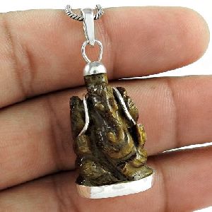 Charming !! 925 Sterling Silver Tiger Eye Ganesh Pendant