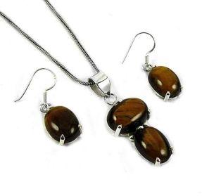 Graceful 925 Sterling Silver Tiger Eye Gemstone Pendant and Earrings Set