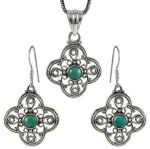 Rare 925 Sterling Silver Turquoise Gemstone Pendant and Earrings Set