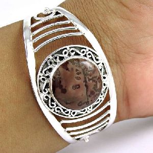 Royal Style Fossil Jasper Gemstone Sterling Silver Bangle Jewellery