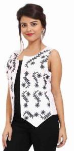 Solid White Cotton Party Wear Black Embroidery Jacket