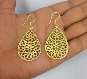 Gold Plated Floral Cut-Out Teardrop Shape Drop Earring