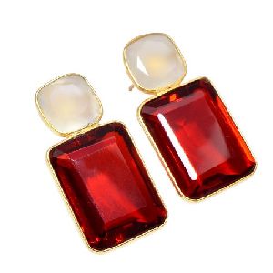 Gold Vermeil Garnet and White Chalcedony Gemstone Earring