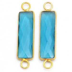 London Blue Topaz Quartz 8.5x30mm Rectangle Gold Bezel Connector