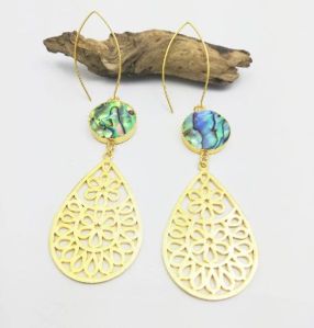 Long Drop Round Abalone Shell Earrings