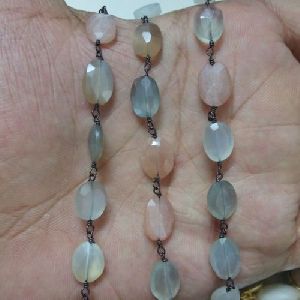 Multi Moonstone 9-12mm Oval Faceted Gunmetal Plated Beaded Chain