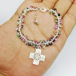 Multi Tourmaline Cluster Chain Bracelet with Silver Cross Charm