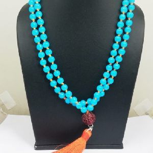 Round Blue Chalcedony 108 Bead Necklace with Rudraksha and Long Tassel
