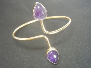 Trendy Amethyst Pear Gemstone Gold Plated Sterling Silver Adjustable Bangle/Bracelet