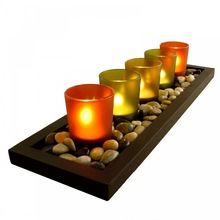 4-piece Jewel Tone Candle Tray With Genuine River Rocks